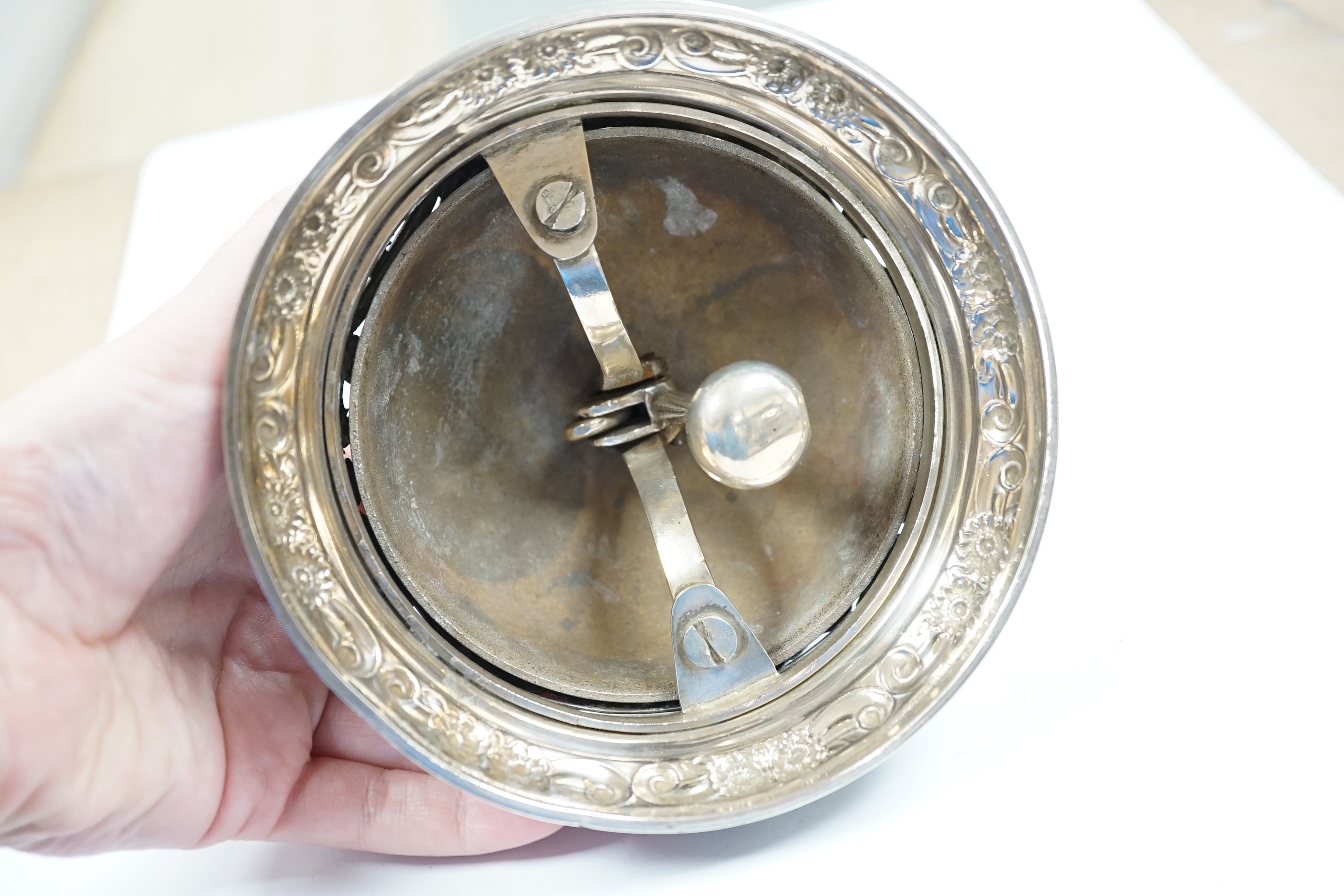 A late Victorian pierced silver mounted table bell, Samuel Walton Smith, Birmingham, 1894, base diameter 13.2cm.